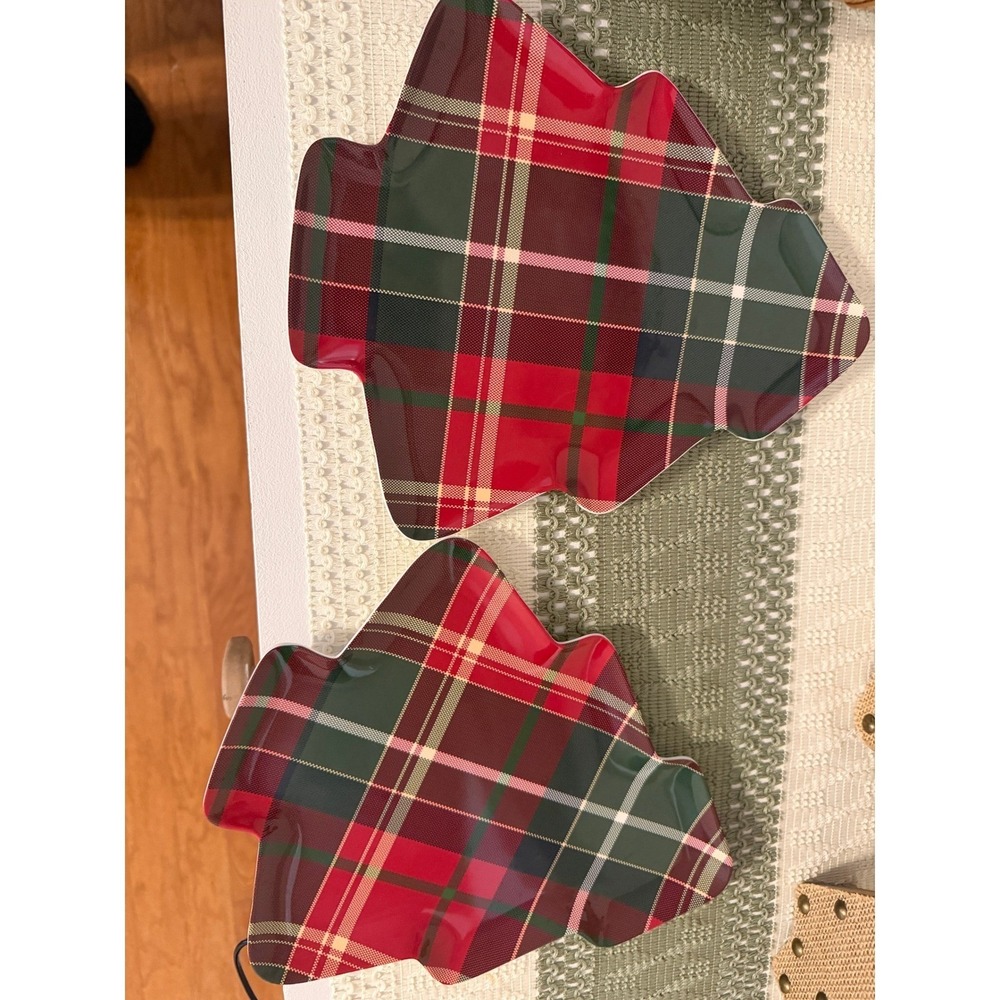 Tommy Bahama‎ Melamine Plaid Christmas Tree Serving Platters Set of 2